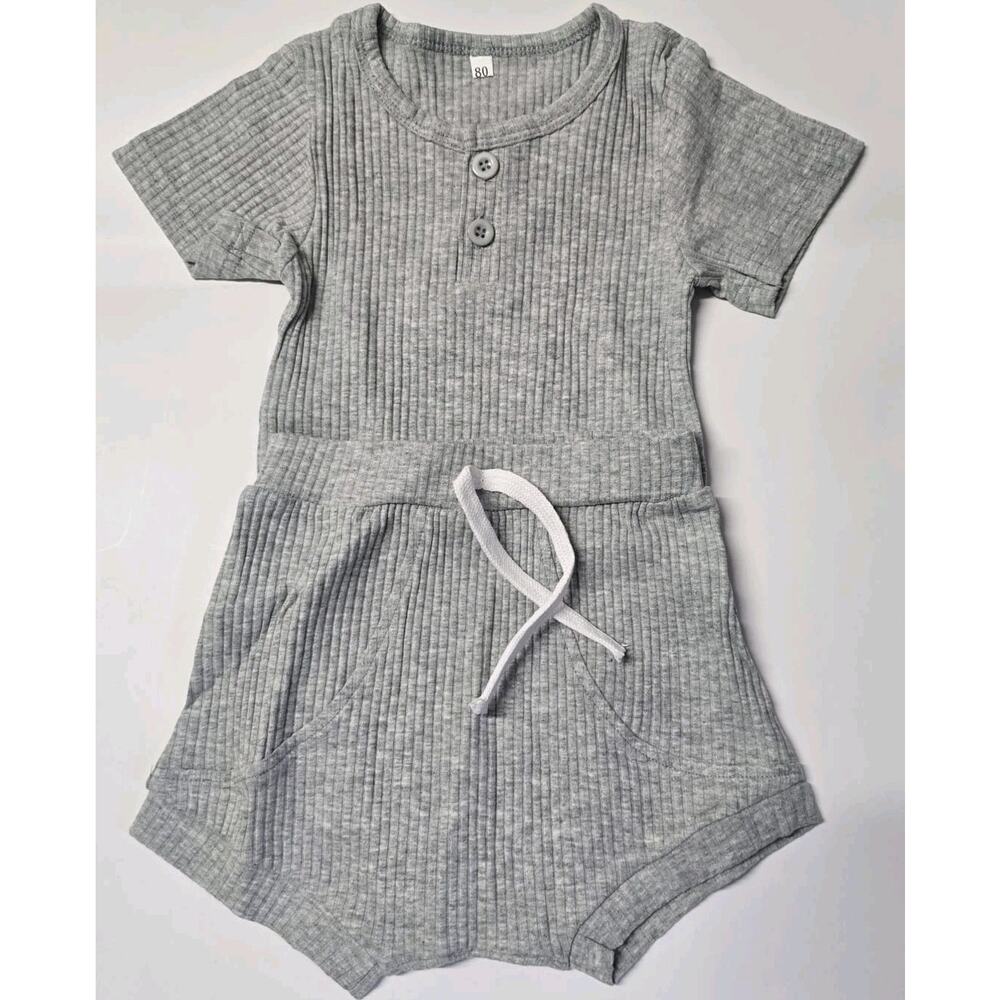 2Pcs Unisex‎ Outfits Suit Solid Color Ribbed Short Sleeves Waist 6-12M